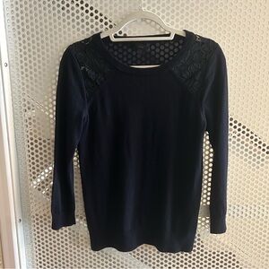 J Crew Merino Wool Crew Neck Sweater with Eyelet Lace Detail Size Small in Navy